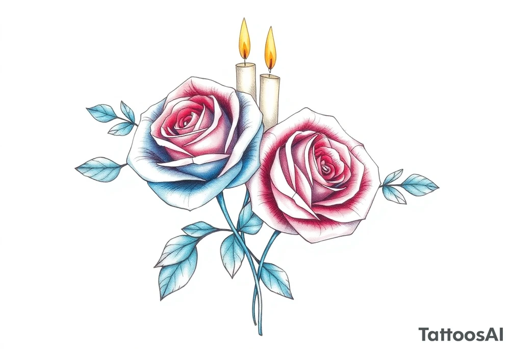 Passed love one, two roses, two candles, blue, hearts tattoo idea