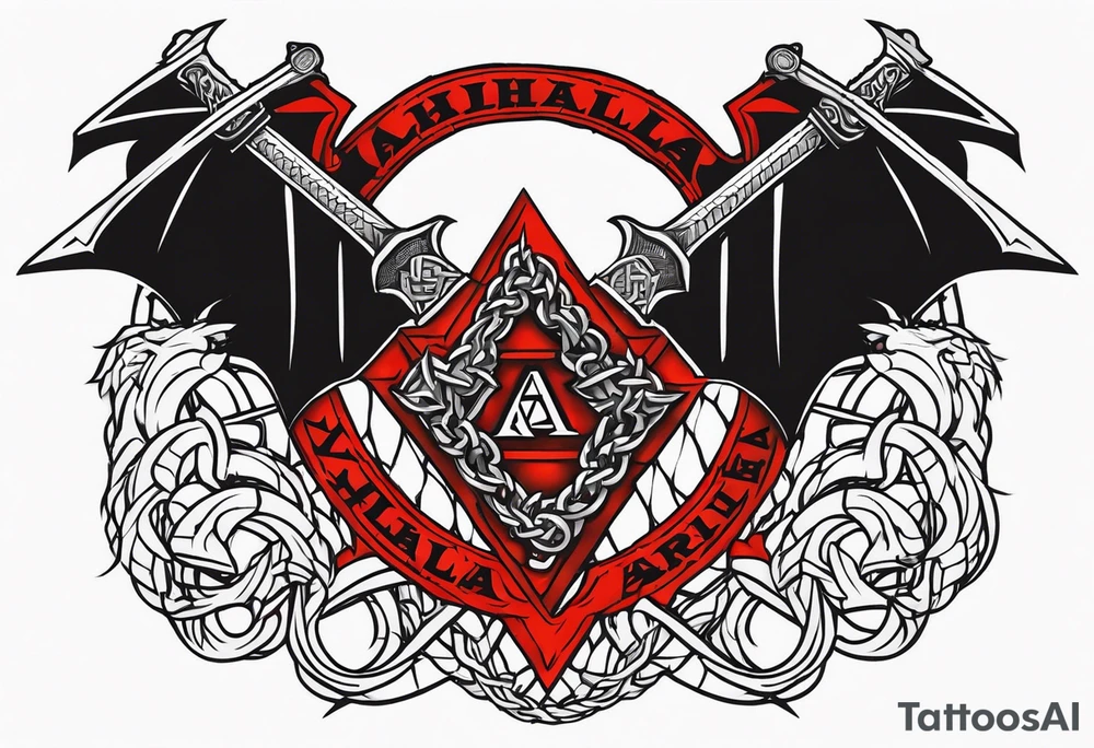 Valhalla sword shield dragon axe Valknut barbed wire chains fire tattoo idea