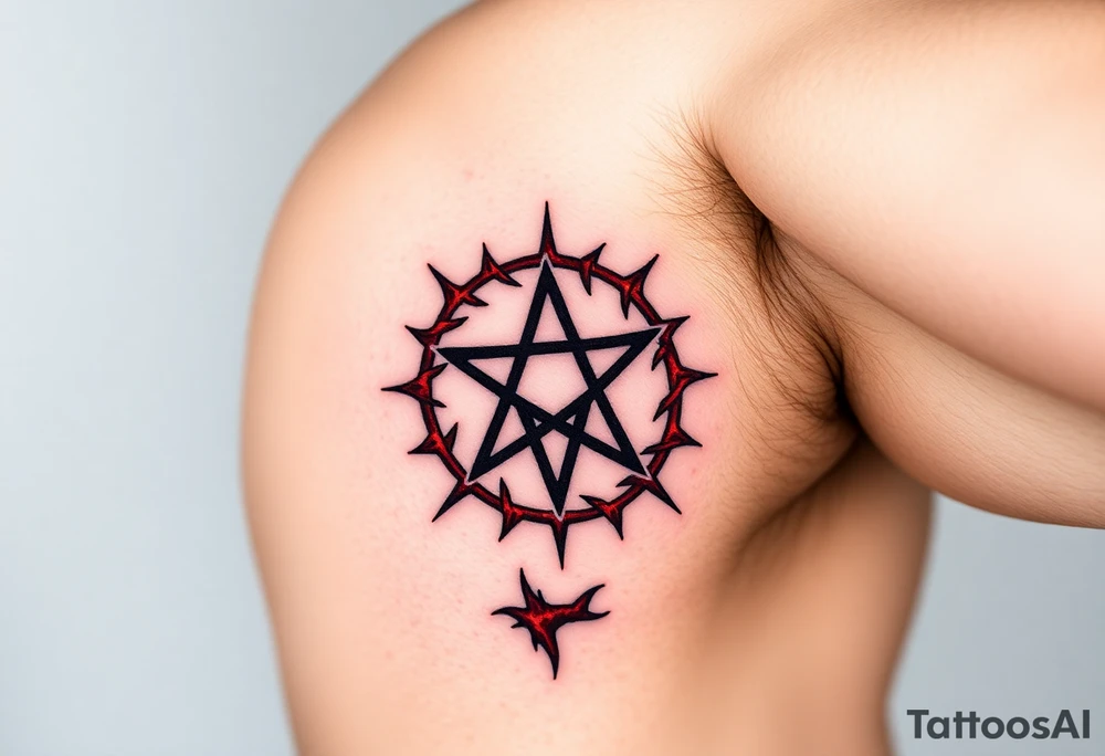 A pentagram surrounded by thorns, with deep reds and blacks, representing occult power and mystery tattoo idea