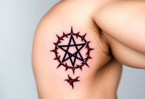 A pentagram surrounded by thorns, with deep reds and blacks, representing occult power and mystery tattoo idea