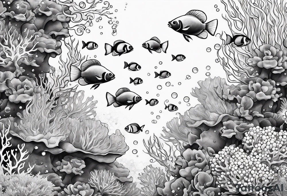 underwater coral reef with bubbles and fish tattoo idea