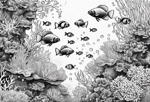 underwater coral reef with bubbles and fish tattoo idea