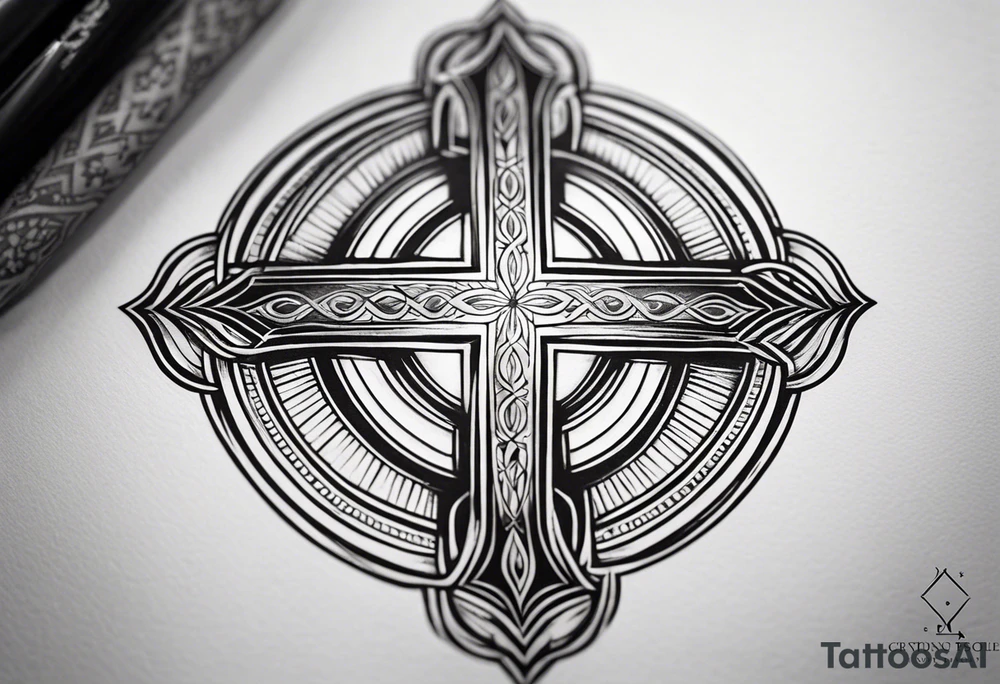 Tattoo: A refined cross with a soft halo on top of it, symbolizing light and spirituality. Delicate rays extend outward from the halo, adding a subtle glow and depth. The cross itself is simple and elegant, with potential for small, intricate line details within the design. tattoo idea