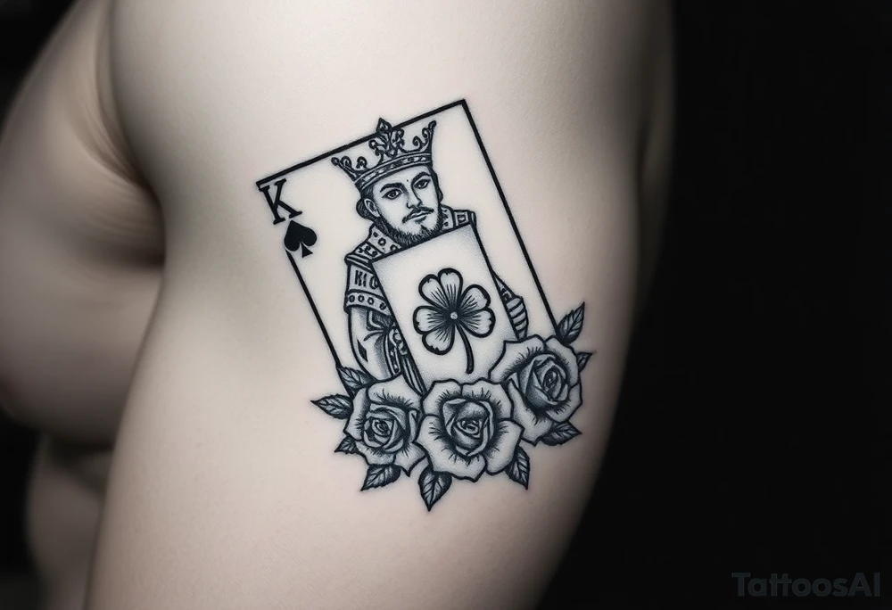 A king playing card with a highland card, a small four leaf clover, a small spanner the card surrounded by roses tattoo idea
