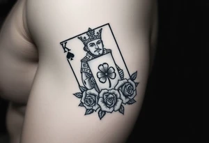 A king playing card with a highland card, a small four leaf clover, a small spanner the card surrounded by roses tattoo idea