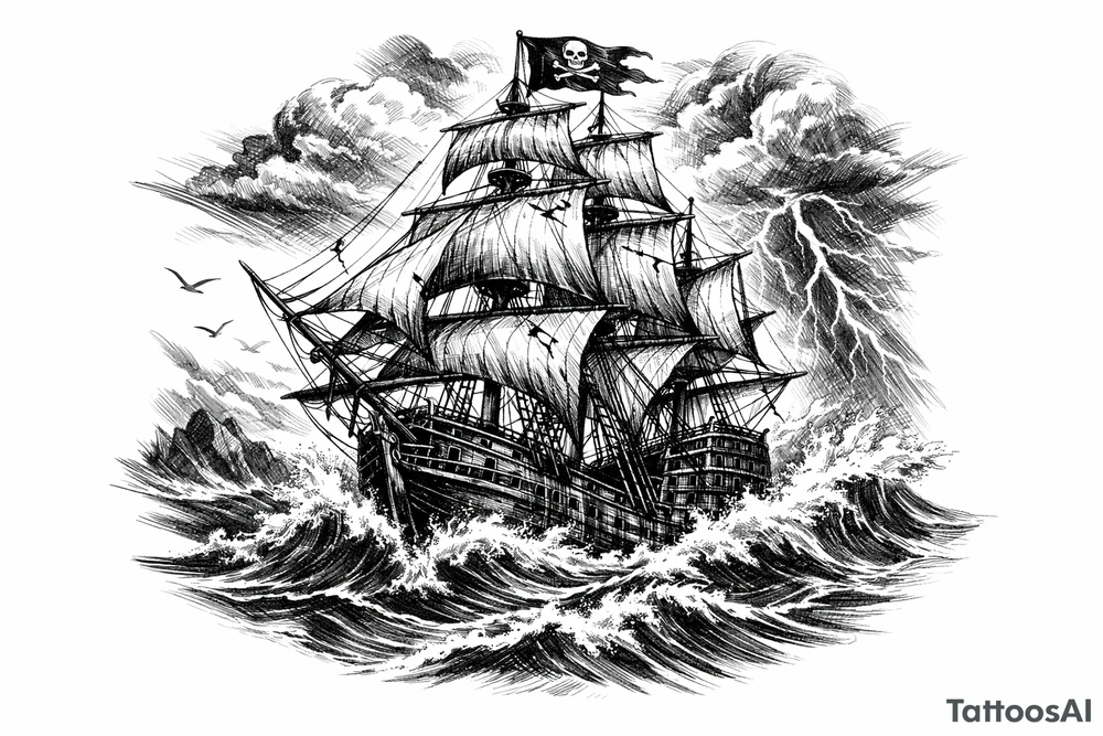 a pirate ship on stormy sea. tattoo idea