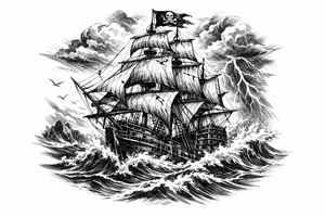 a pirate ship on stormy sea. tattoo idea