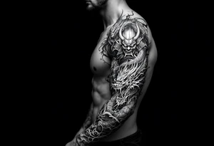 Japanese style with an oni mask, dragon and samurai warrior tattoo idea