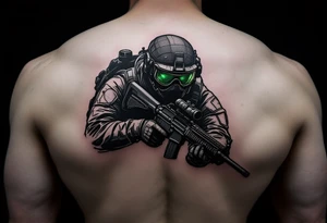 Navy Seal Soldier in Night Ops – A soldier in sleek black gear, carrying a suppressed weapon, crouching in the shadows, with night vision goggles reflecting an eerie green light. tattoo idea