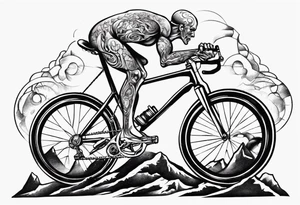 road bicycle on a mountain sitting on a dumbbell tattoo idea