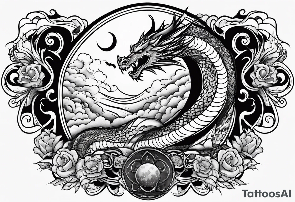 A strip with a dragon with cloud and the moon tattoo idea A strip with a dragon with cloud and the moon tattoo idea