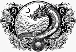 A strip with a dragon with cloud and the moon tattoo idea