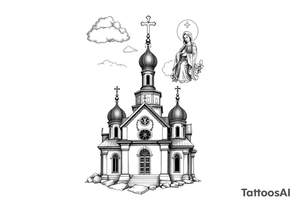 Russian Orthodox church with orthodox spire crosses, with clouds above it and a virgin mary seperately over looking sat above tattoo idea