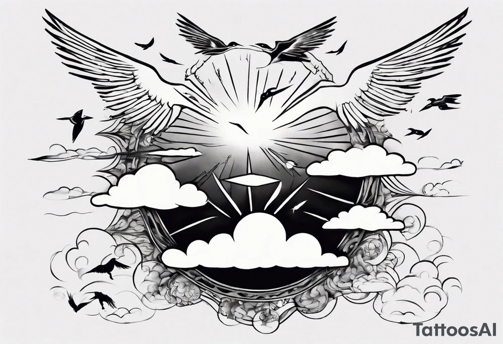 a shoulder tattoo with rays of light, clouds and birds flying free tattoo idea