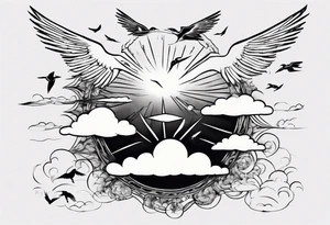 a shoulder tattoo with rays of light, clouds and birds flying free tattoo idea
