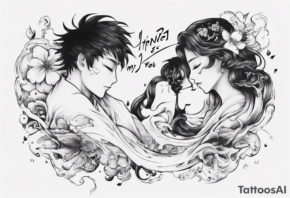 “ I think the meaning of my happiness is you” lyrics with hints of water movement, true love tattoo idea