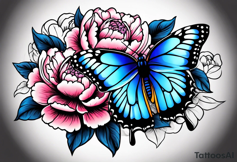 Peony with blue monarch butterflies tattoo idea