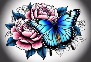 Peony with blue monarch butterflies tattoo idea