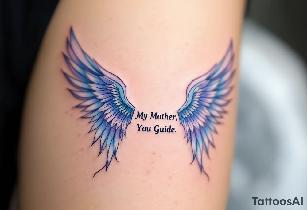 A pair of angel wings in light blue and lavender with “My Mother, My Guide” between them. tattoo idea
