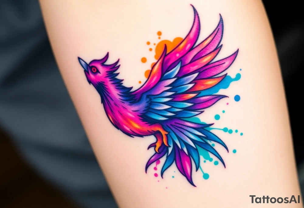 Phoenix in flames with purple, blue, orange, teal and green splashes, looking upwards with angry eye. No black outline. tattoo idea