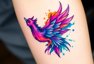 Phoenix in flames with purple, blue, orange, teal and green splashes, looking upwards with angry eye. No black outline. tattoo idea