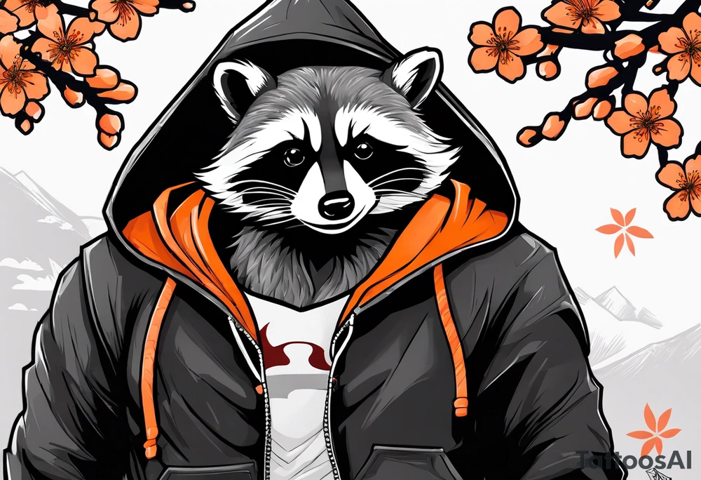 Raccoon wearing a white Superman logo on a black hoodie and orange Japanese cherry blossoms tattoo idea