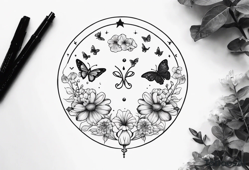 Gemini Zodiac with mushrooms and buterflies and flowers tattoo idea