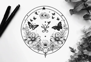 Gemini Zodiac with mushrooms and buterflies and flowers tattoo idea