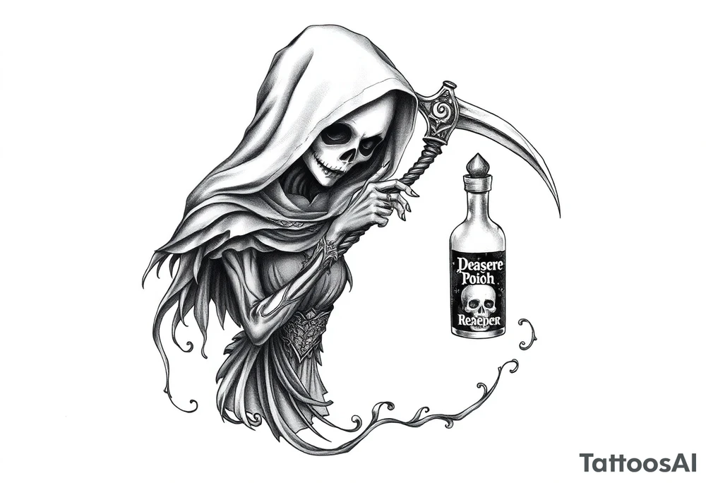 Female grim. Reaper and her
 death bringer poison bottle tattoo idea