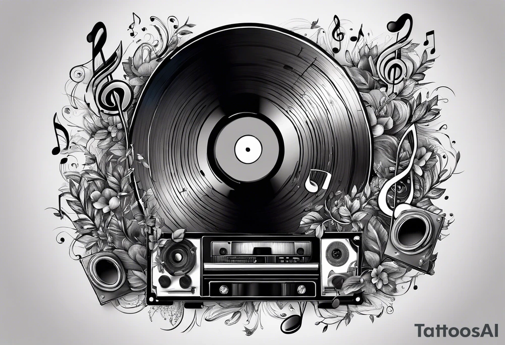 music notes surrounded by a record, a cassette tape, and saxophone parts tattoo idea
