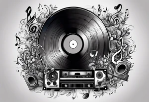 music notes surrounded by a record, a cassette tape, and saxophone parts tattoo idea