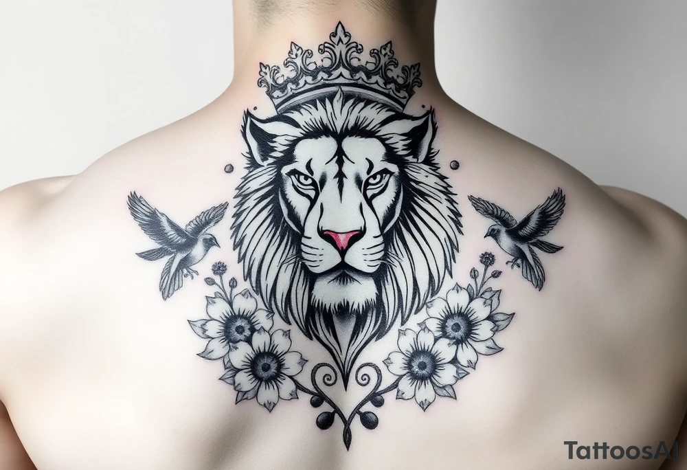powerful majestic lion with a crown, surrounded by floral ornaments and birds tattoo idea