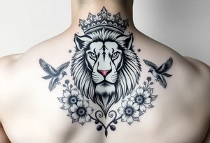 powerful majestic lion with a crown, surrounded by floral ornaments and birds tattoo idea