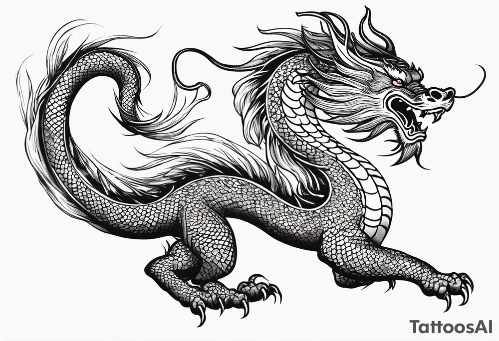 Create a detailed sketch of a Chinese dragon tattoo. The dragon should be depicted in a dynamic, serpentine pose, with its body coiled and flowing gracefully. Emphasize its ornate features: long, sinuous body covered in intricate scales, powerful claws, and a fierce, expressive face with prominent whiskers and a beard. Include traditional Chinese elements like clouds or waves to enhance the composition. Use clean lines and bold shading to ensure the design is suitable for a tattoo, with a focus on capturing the dragon's majestic and mythical qualities tattoo idea