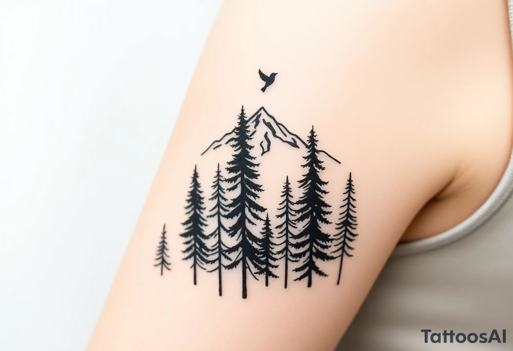 Tall pine trees thinning out, revealing a mountain horizon. Small bird flying above. Forest to clarity transition tattoo idea