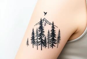 Tall pine trees thinning out, revealing a mountain horizon. Small bird flying above. Forest to clarity transition tattoo idea