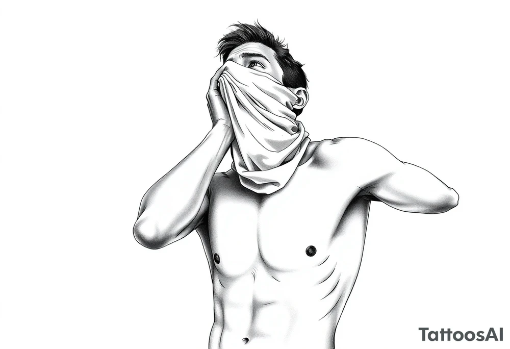a naked man covering his eyes and mouth with a cloth with no emotions and looking up the sky tattoo idea