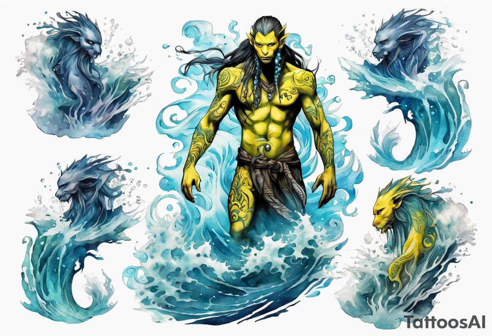 a Na'vi standing in the sea surrounded by crashing waves tattoo idea