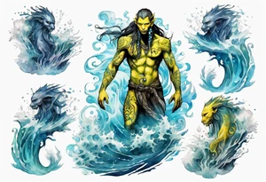 a Na'vi standing in the sea surrounded by crashing waves tattoo idea