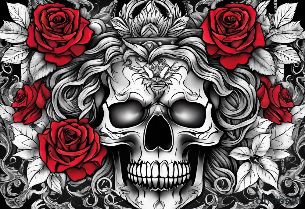 Skulls wrapped in roses with a lion tattoo idea