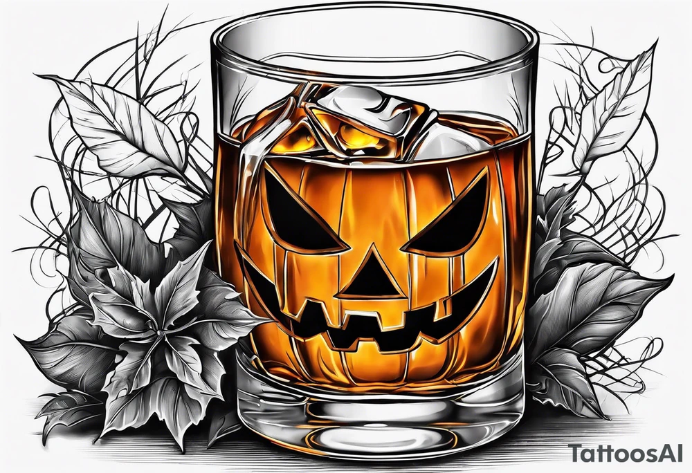 glass of whiskey with one single ice cube that is the Halloween jack-o-lantern tattoo idea
