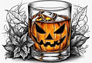 glass of whiskey with one single ice cube that is the Halloween jack-o-lantern tattoo idea