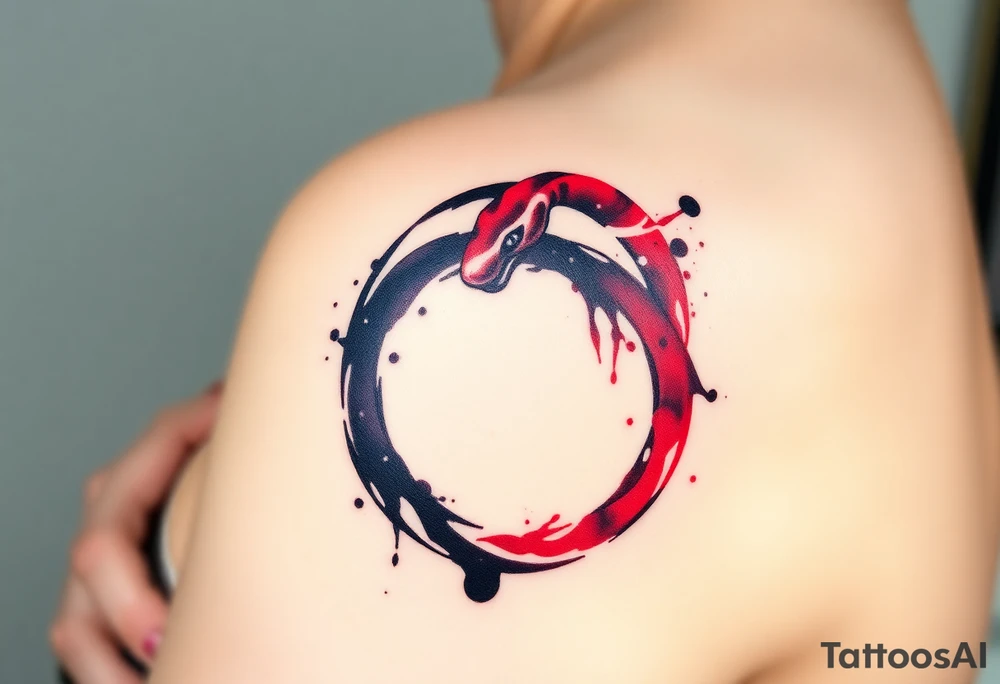 An ink-splattered Ouroboros snake forming cyrcle, appearing as if it was painted in bold brush strokes of deep red and black, symbolizing artistic chaos and creation. tattoo idea