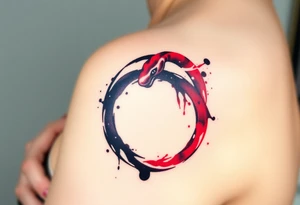 An ink-splattered Ouroboros snake forming cyrcle, appearing as if it was painted in bold brush strokes of deep red and black, symbolizing artistic chaos and creation. tattoo idea