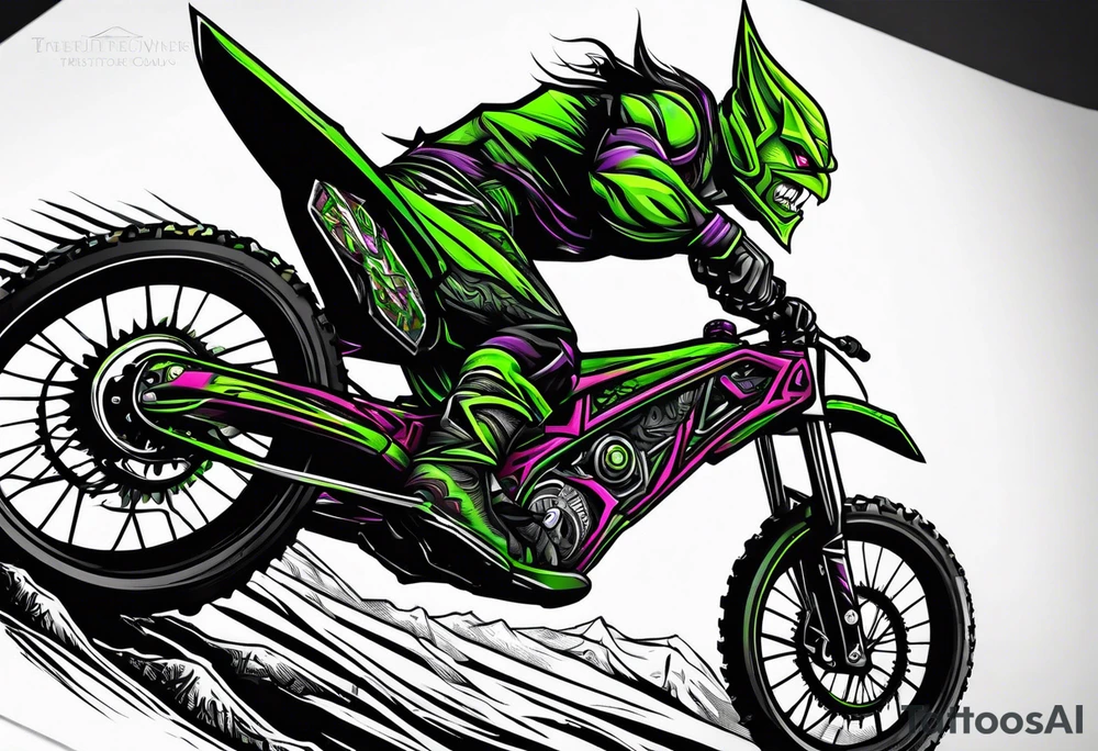 Green goblin riding a full suspension carbon fiber downhill mountain bike tattoo idea