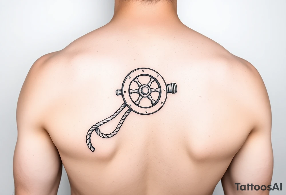 A sailboat winch located on forearm with a rope wrapped around it that leads to the wrist and the rope wraps around the wrist tattoo idea