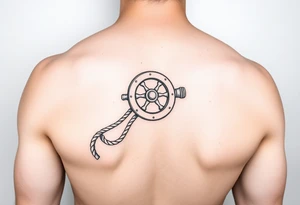 A sailboat winch located on forearm with a rope wrapped around it that leads to the wrist and the rope wraps around the wrist tattoo idea