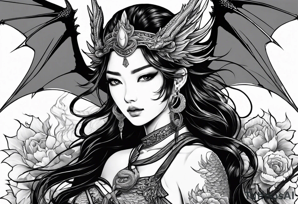 beautiful warrior nymph with dragon wings and dragon friends tattoo idea