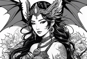 beautiful warrior nymph with dragon wings and dragon friends tattoo idea
