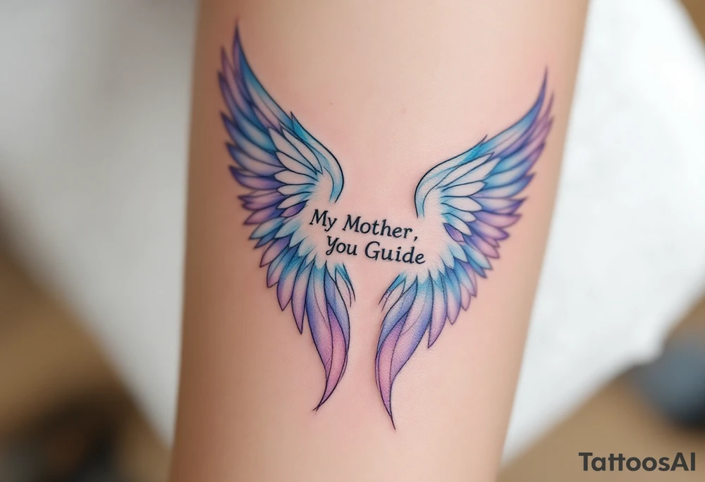 A pair of angel wings in light blue and lavender with “My Mother, My Guide” between them. tattoo idea
